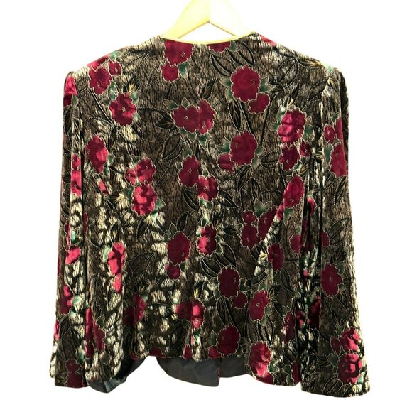 Vintage R&K Evening Women's Red Brown Burnout Velvet Cardigan Gold Trim Size 16P - Picture 4 of 6